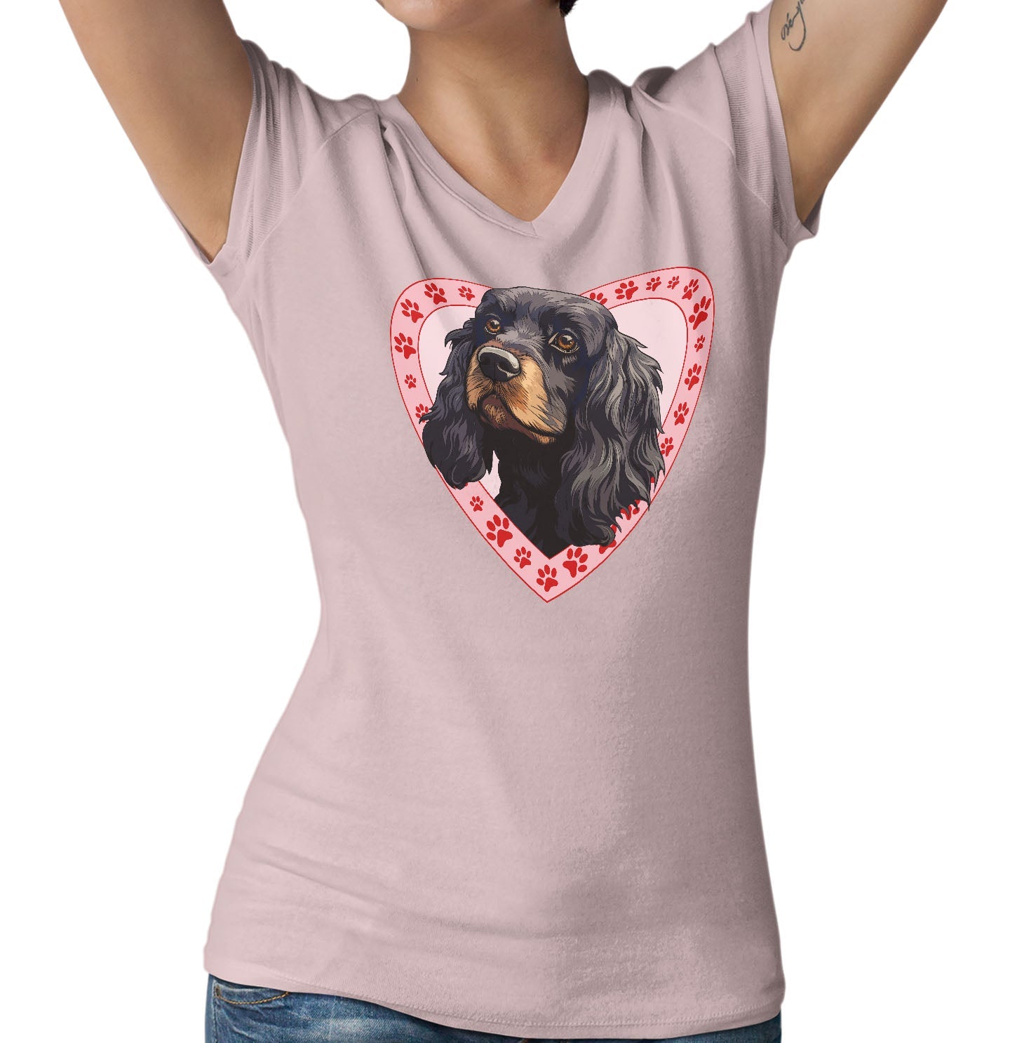 Cocker Spaniel (Black & Tan) Illustration In Heart - Women's V-Neck T-Shirt