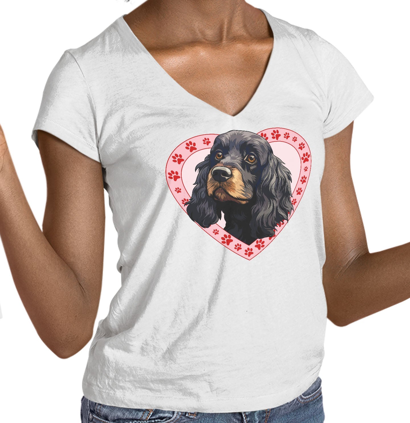 Cocker Spaniel (Black & Tan) Illustration In Heart - Women's V-Neck T-Shirt