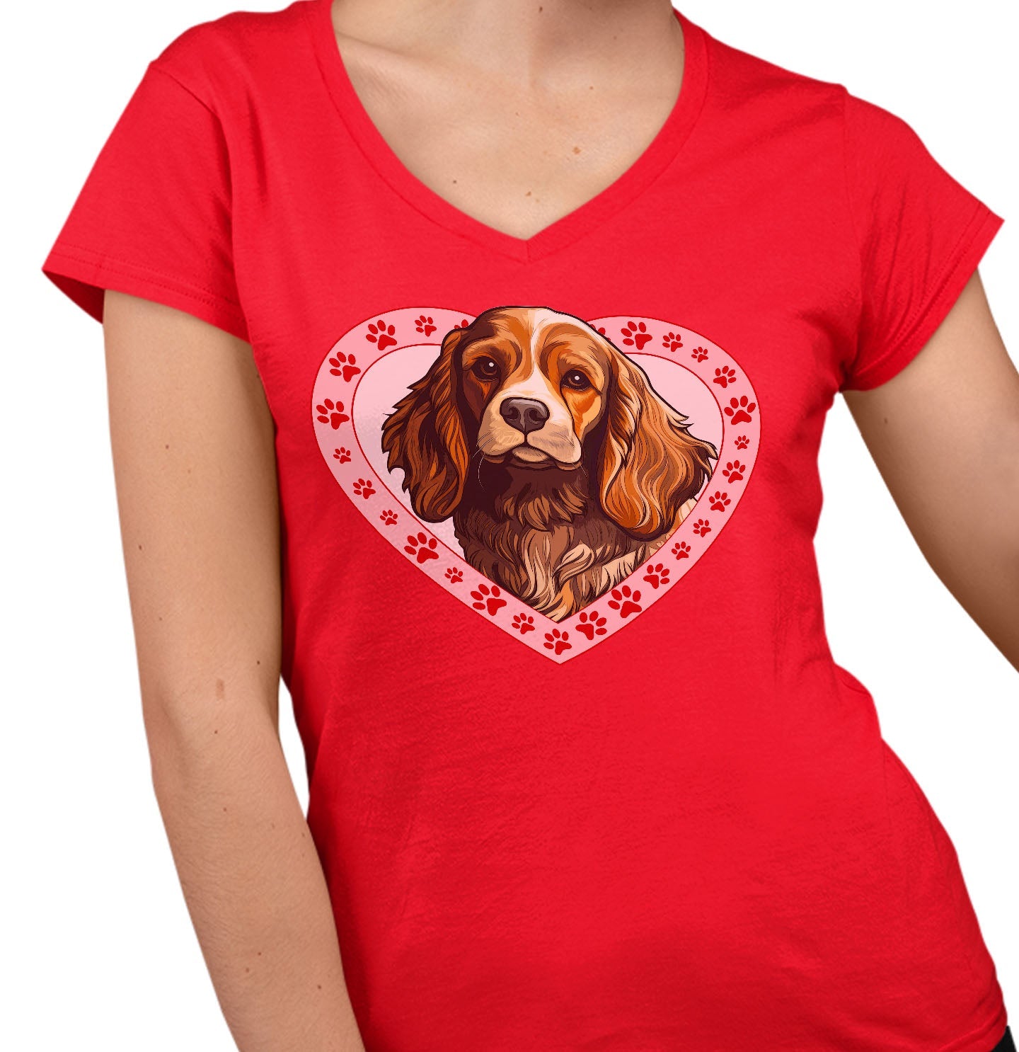 Cocker Spaniel (Red & White) Illustration In Heart - Women's V-Neck T-Shirt
