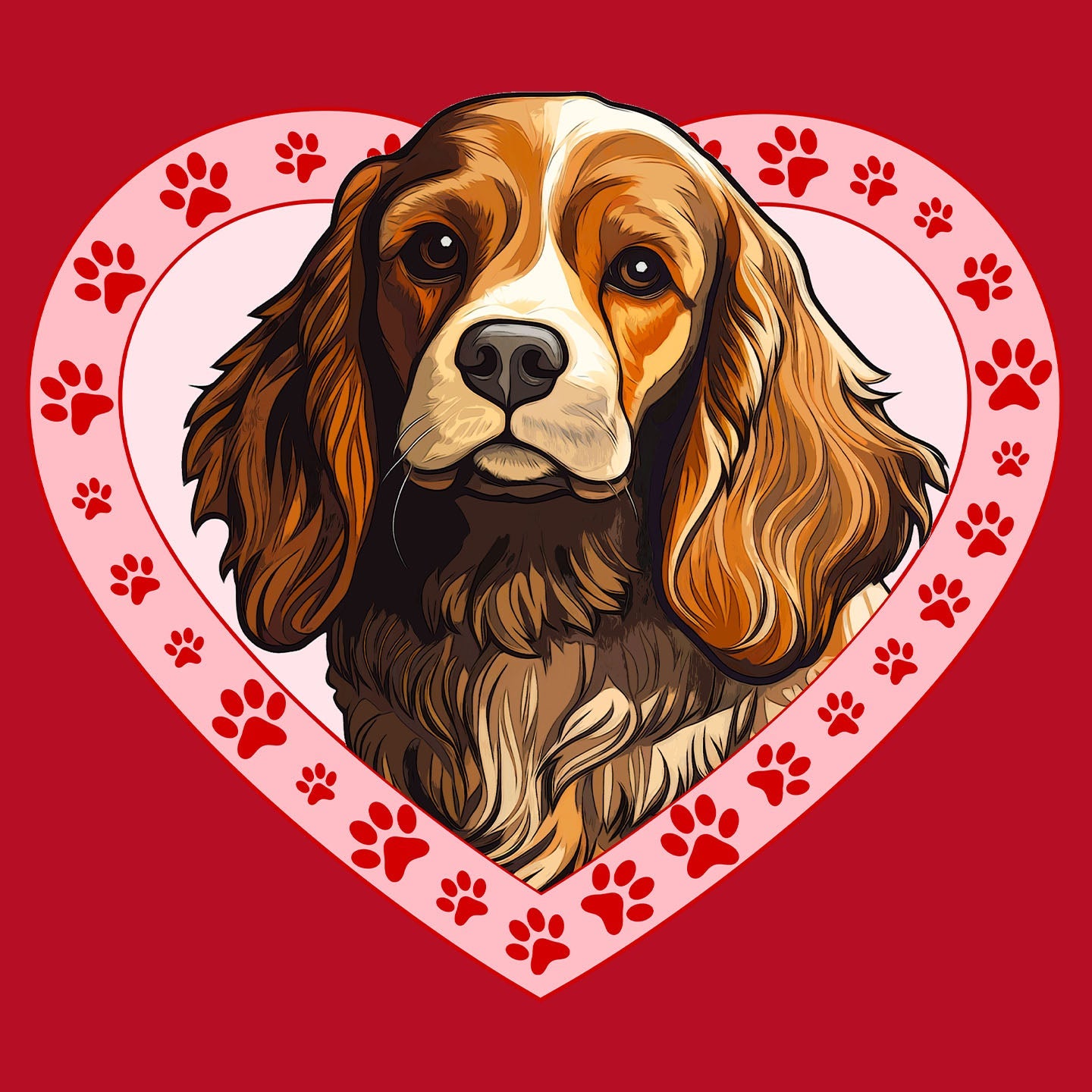 Cocker Spaniel (Red & White) Illustration In Heart - Women's V-Neck T-Shirt