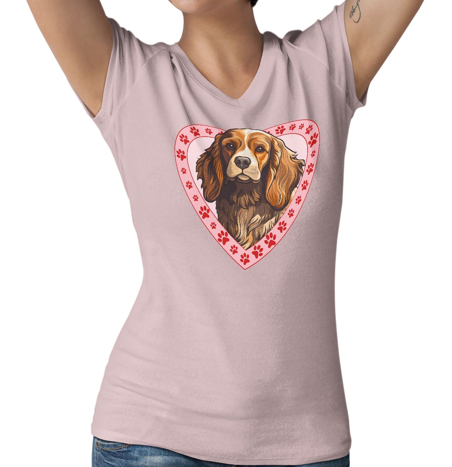 Cocker Spaniel (Red & White) Illustration In Heart - Women's V-Neck T-Shirt
