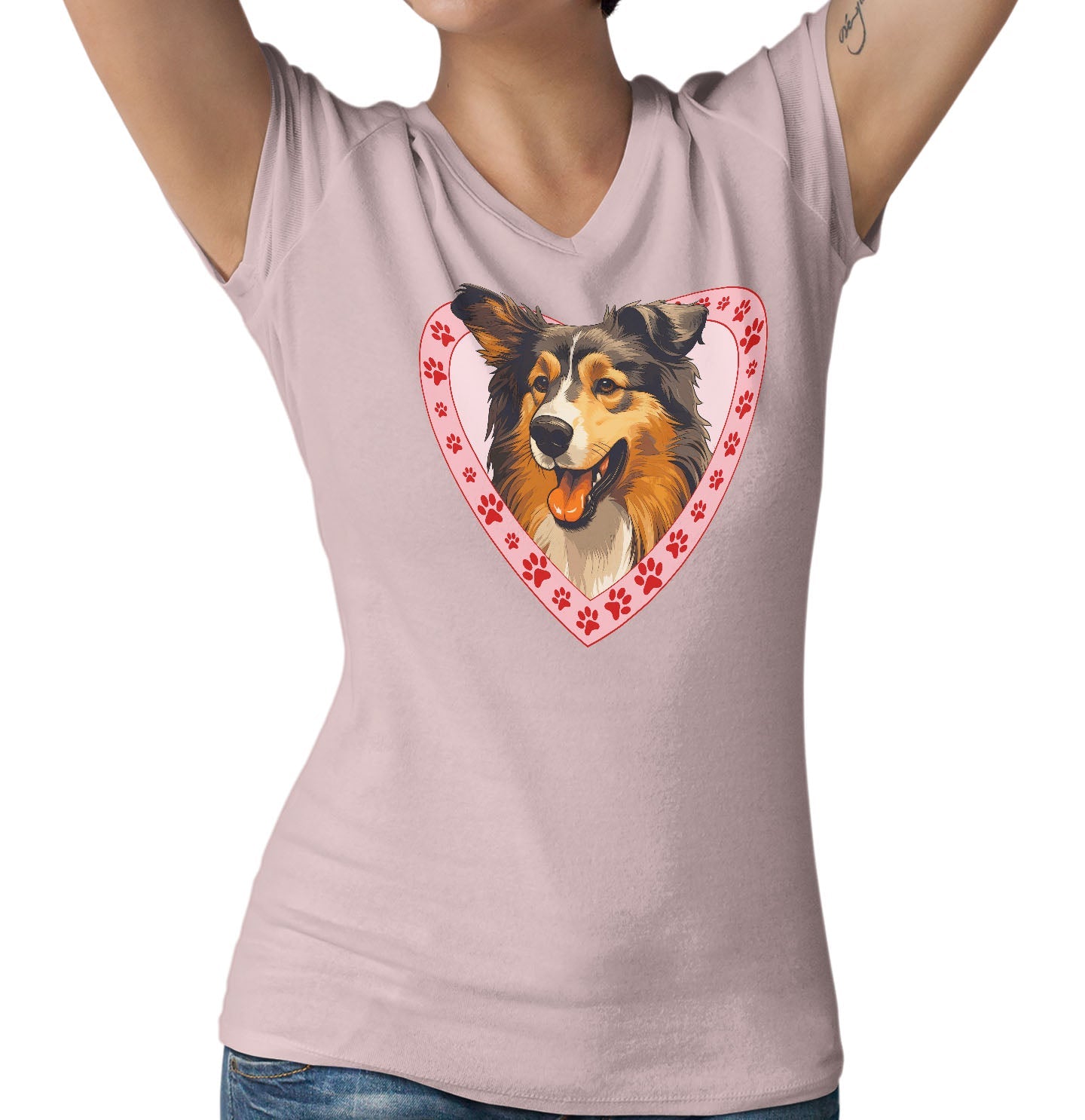 Collie Illustration In Heart - Women's V-Neck T-Shirt