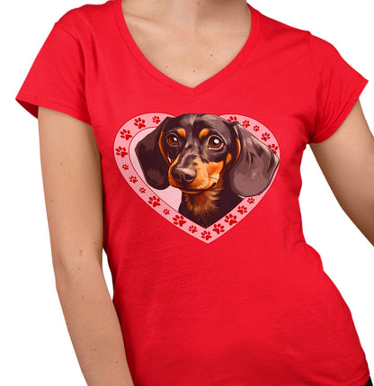 Dachshund (Black & Tan) Illustration In Heart - Women's V-Neck T-Shirt