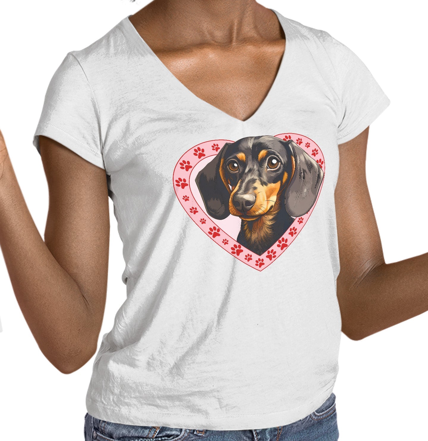 Dachshund (Black & Tan) Illustration In Heart - Women's V-Neck T-Shirt