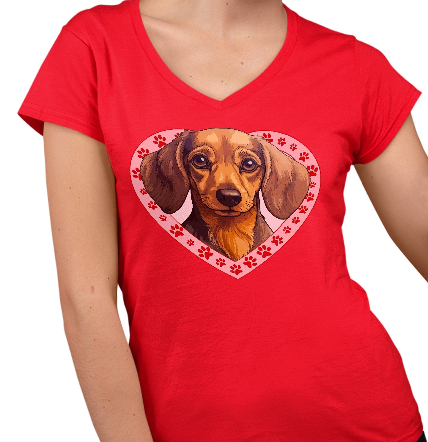 Dachshund (Chocolate) Illustration In Heart - Women's V-Neck T-Shirt