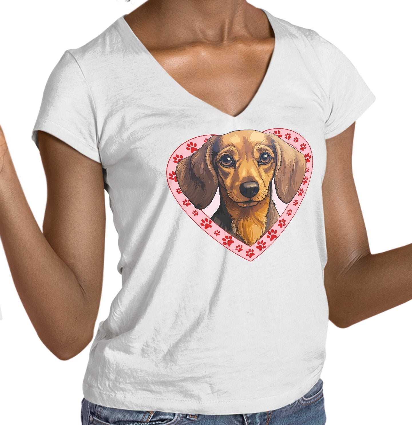 Dachshund (Chocolate) Illustration In Heart - Women's V-Neck T-Shirt