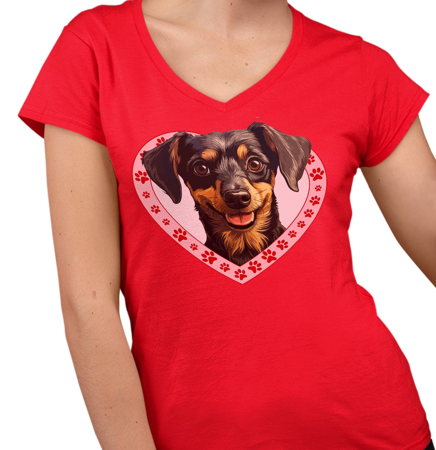 Dachshund (Wirehaired) Illustration In Heart - Women's V-Neck T-Shirt