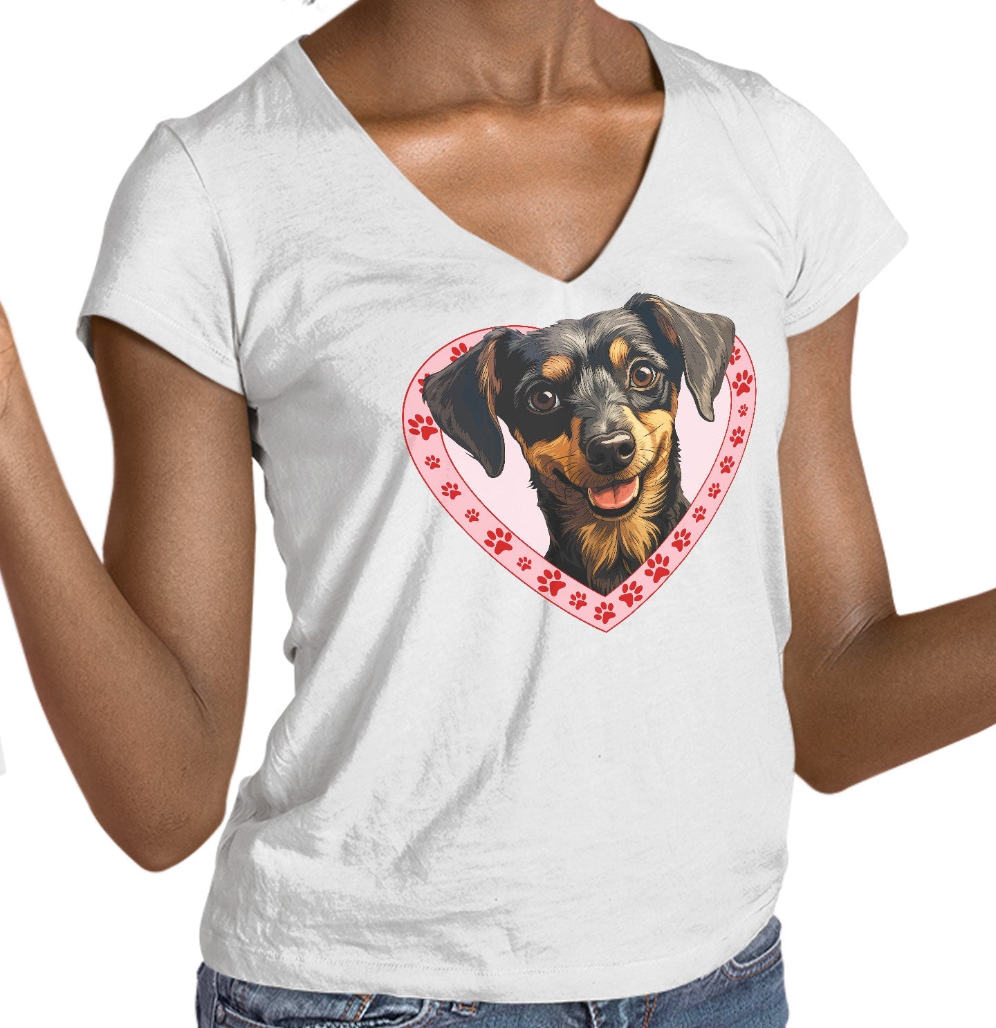 Dachshund (Wirehaired) Illustration In Heart - Women's V-Neck T-Shirt