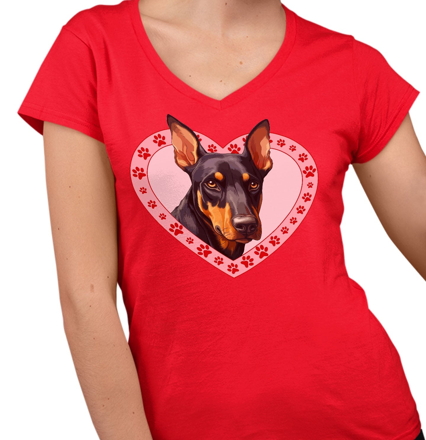 Doberman Pinscher Illustration In Heart - Women's V-Neck T-Shirt