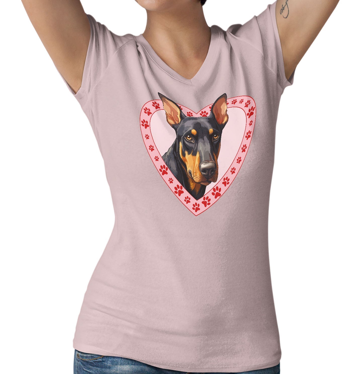 Doberman Pinscher Illustration In Heart - Women's V-Neck T-Shirt