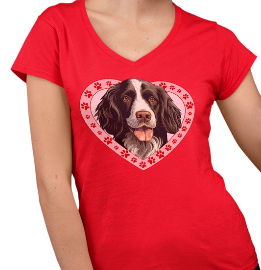 English Springer Spaniel (Black & White) Illustration In Heart - Women's V-Neck T-Shirt