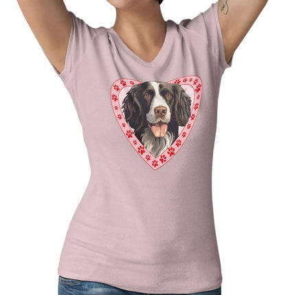 English Springer Spaniel (Black & White) Illustration In Heart - Women's V-Neck T-Shirt