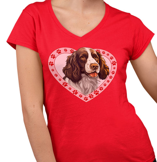 English Springer Spaniel (Liver & White) Illustration In Heart - Women's V-Neck T-Shirt