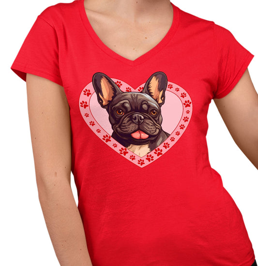 French Bulldog (Black & White) Illustration In Heart - Women's V-Neck T-Shirt