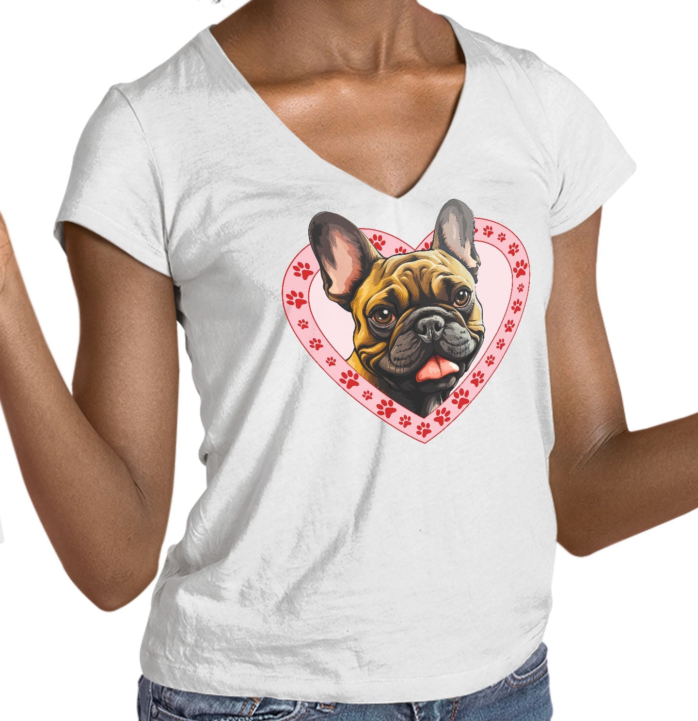 French Bulldog (Fawn) Illustration In Heart - Women's V-Neck T-Shirt