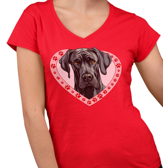Great Dane (Black) Illustration In Heart - Women's V-Neck T-Shirt