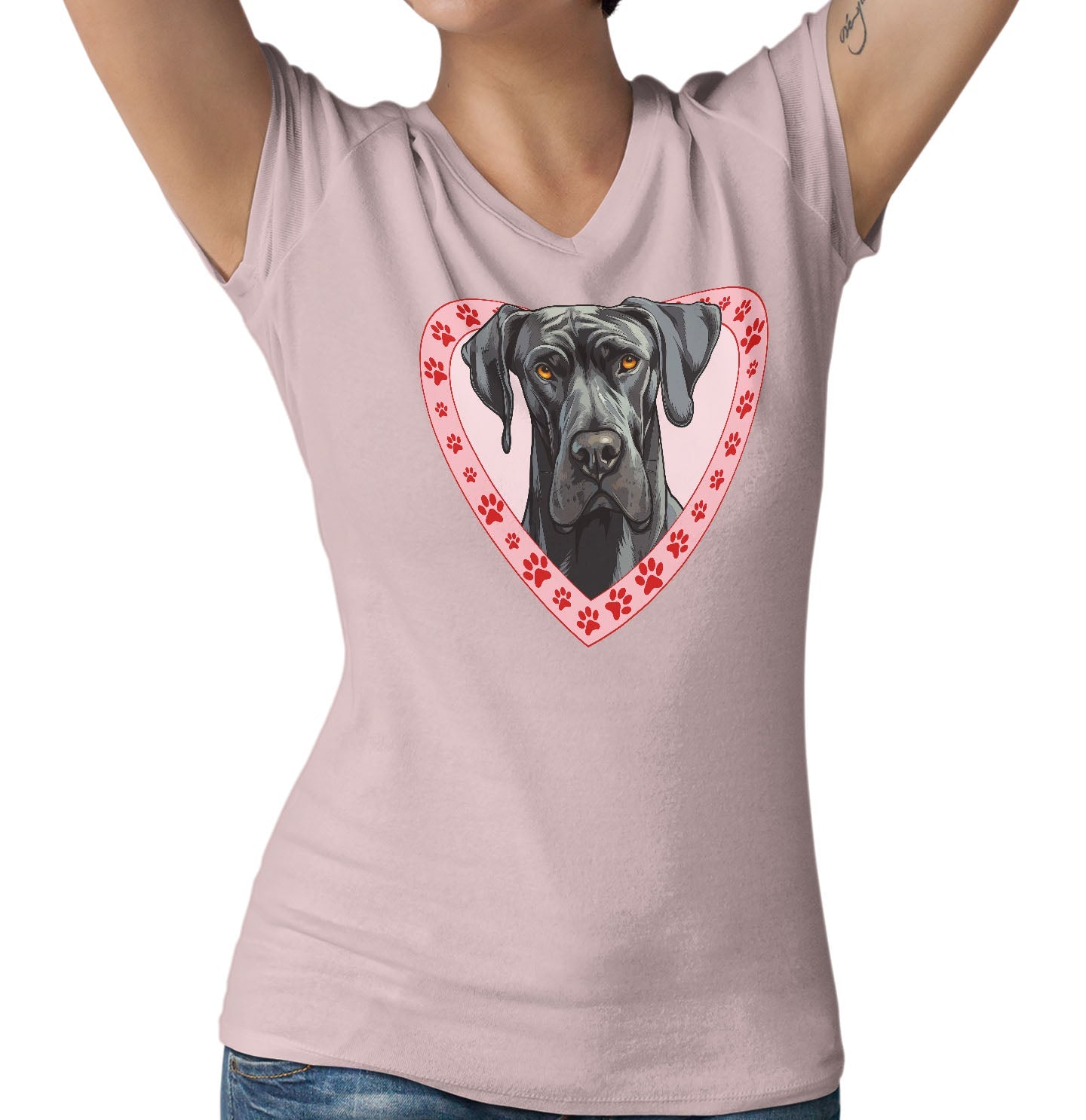 Great Dane (Black) Illustration In Heart - Women's V-Neck T-Shirt