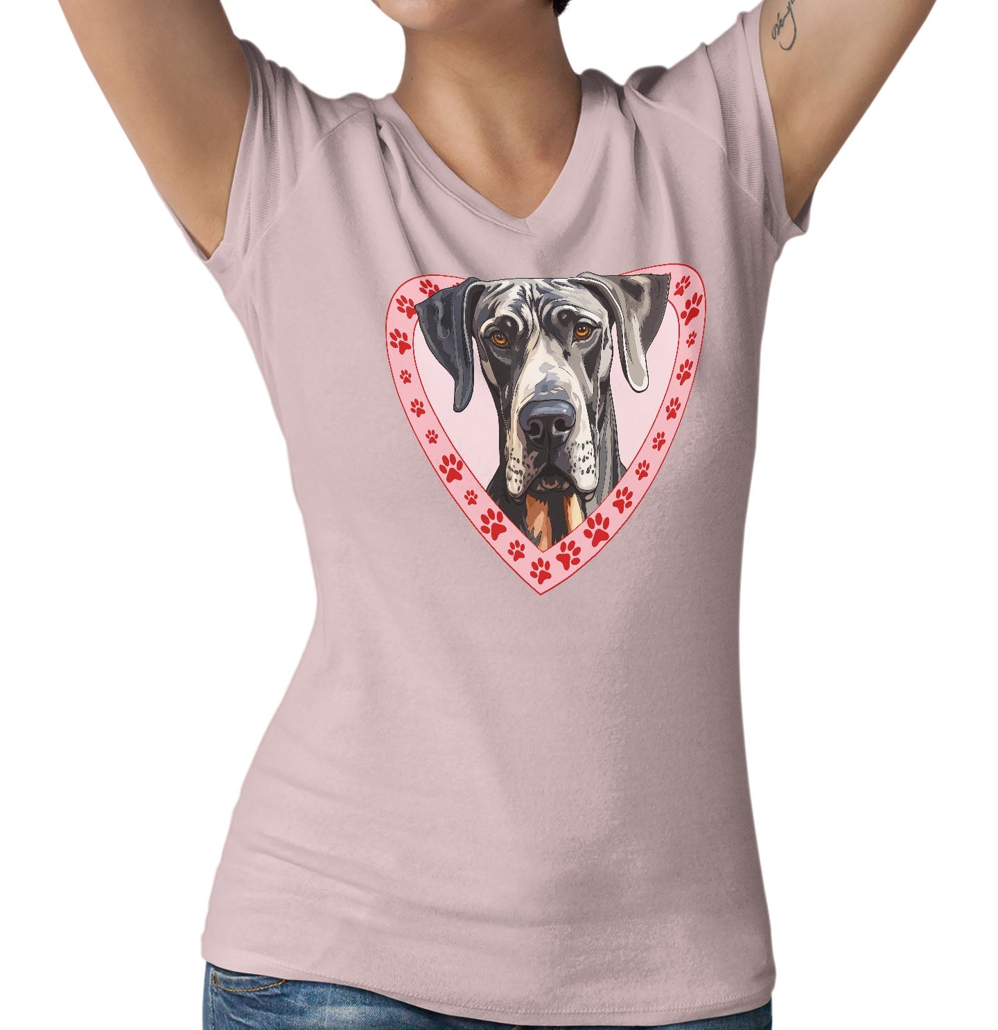 Great Dane (Harlequin) Illustration In Heart - Women's V-Neck T-Shirt