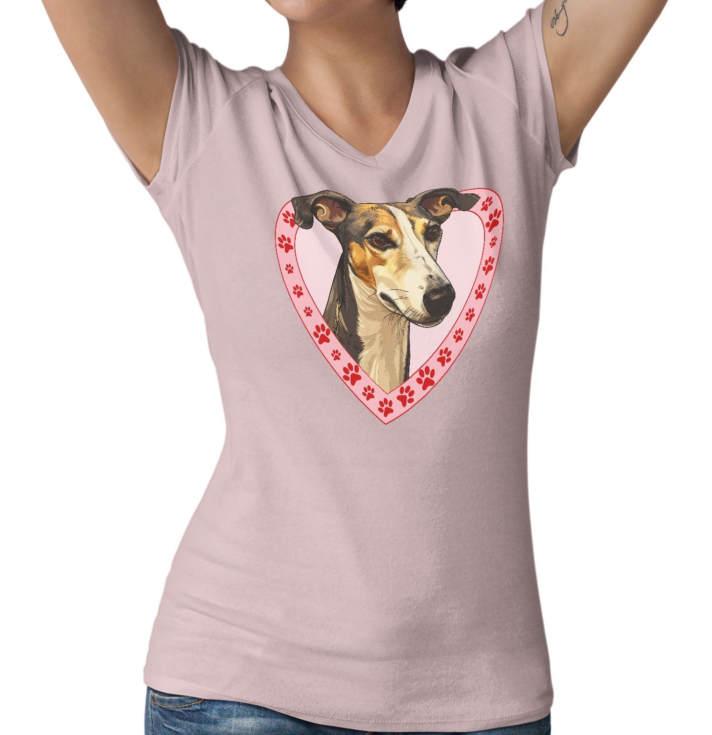 Greyhound (Light Brindle) Illustration In Heart - Women's V-Neck T-Shirt