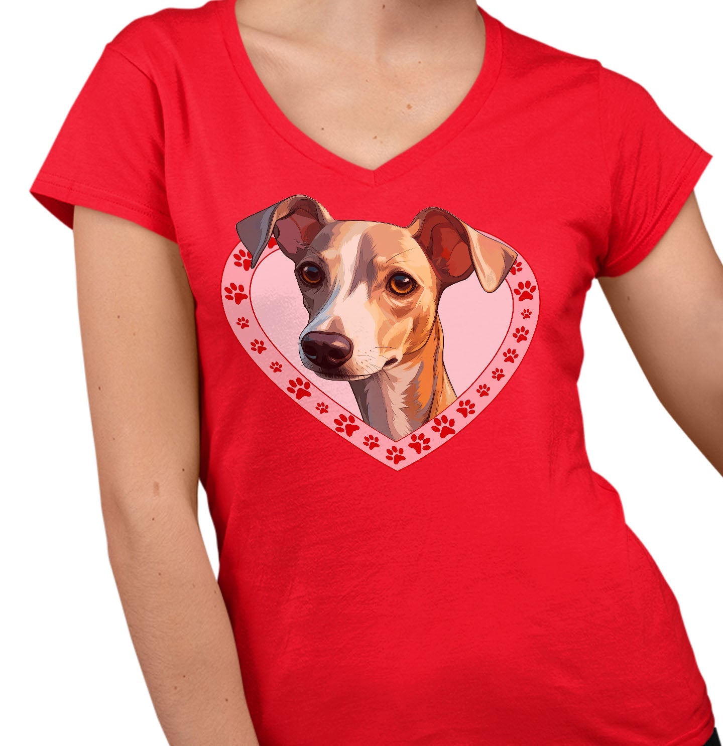 Italian Greyhound (White & Fawn) Illustration In Heart - Women's V-Neck T-Shirt