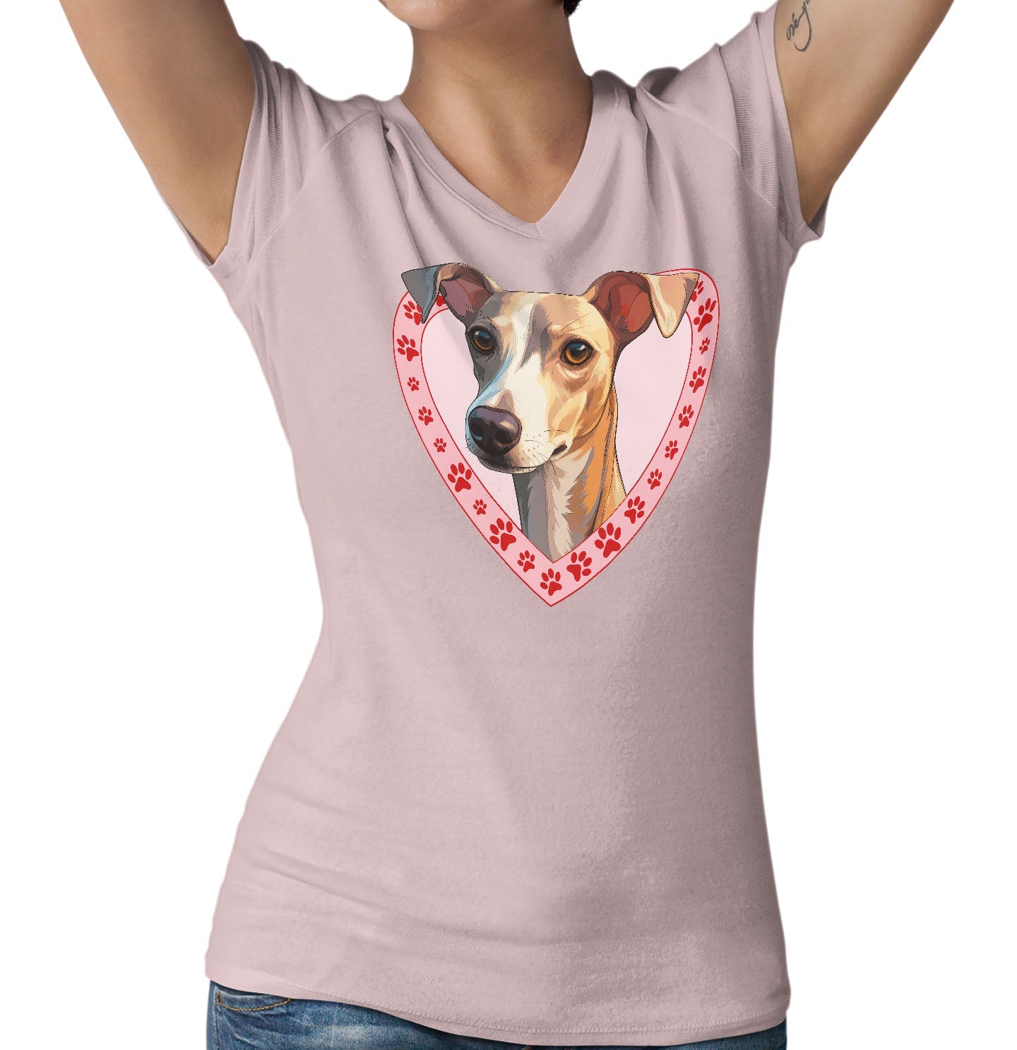 Italian Greyhound (White & Fawn) Illustration In Heart - Women's V-Neck T-Shirt