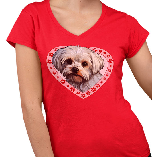 Maltese Illustration In Heart - Women's V-Neck T-Shirt