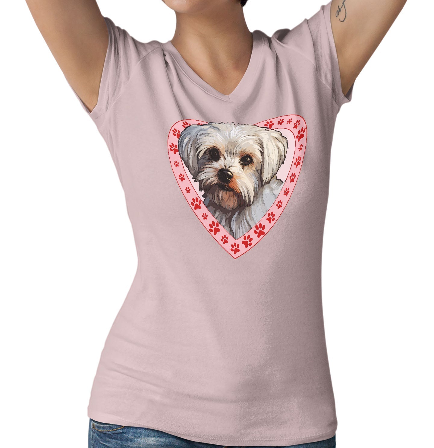 Maltese Illustration In Heart - Women's V-Neck T-Shirt