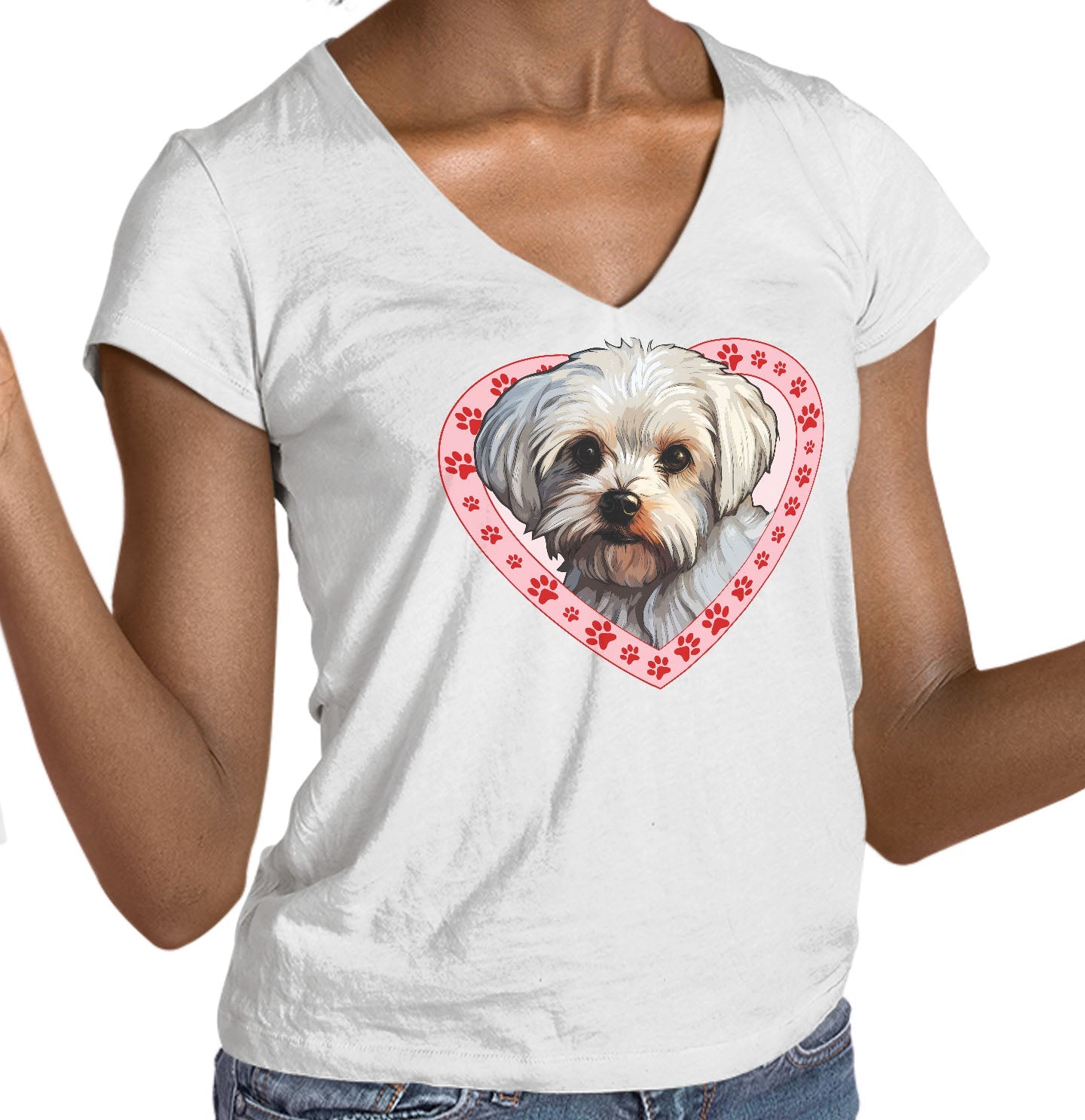 Maltese Illustration In Heart - Women's V-Neck T-Shirt