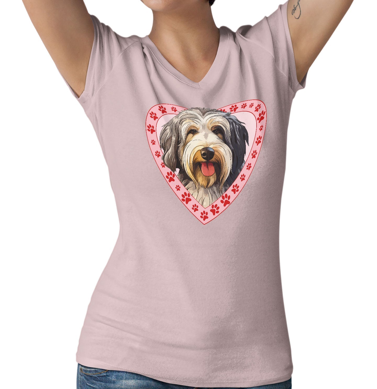 Old English Sheepdog Illustration In Heart - Women's V-Neck T-Shirt