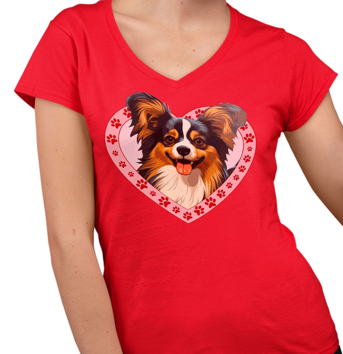 Papillon Illustration In Heart - Women's V-Neck T-Shirt