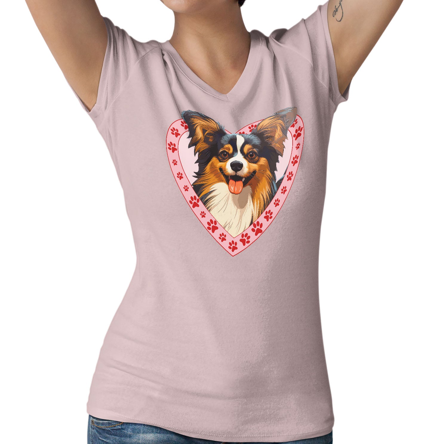 Papillon Illustration In Heart - Women's V-Neck T-Shirt