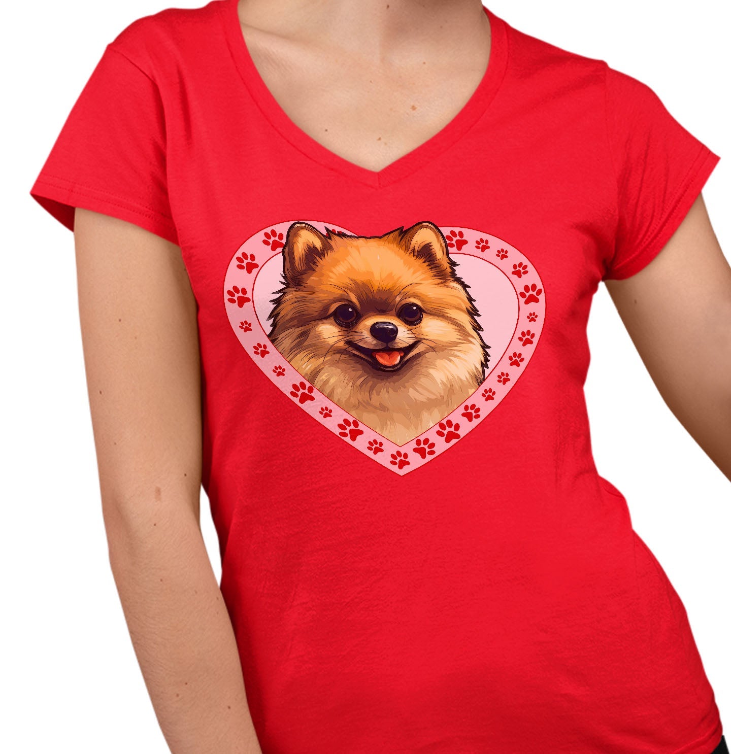 Pomeranian Illustration In Heart - Women's V-Neck T-Shirt