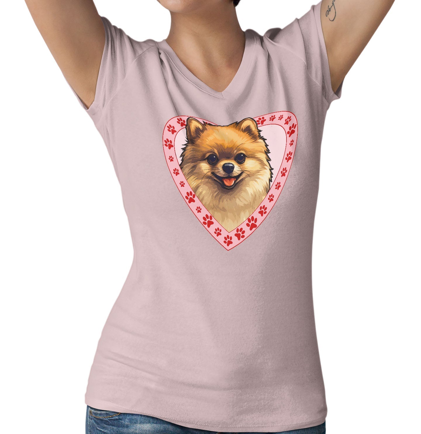 Pomeranian Illustration In Heart - Women's V-Neck T-Shirt
