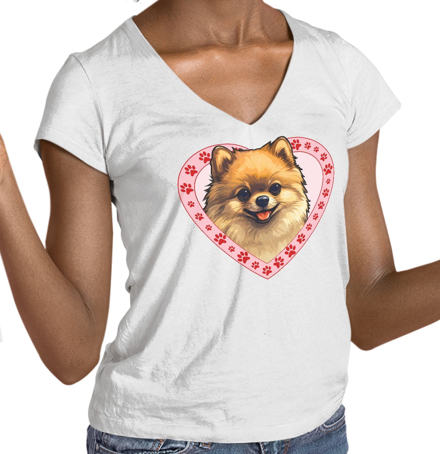 Pomeranian Illustration In Heart - Women's V-Neck T-Shirt