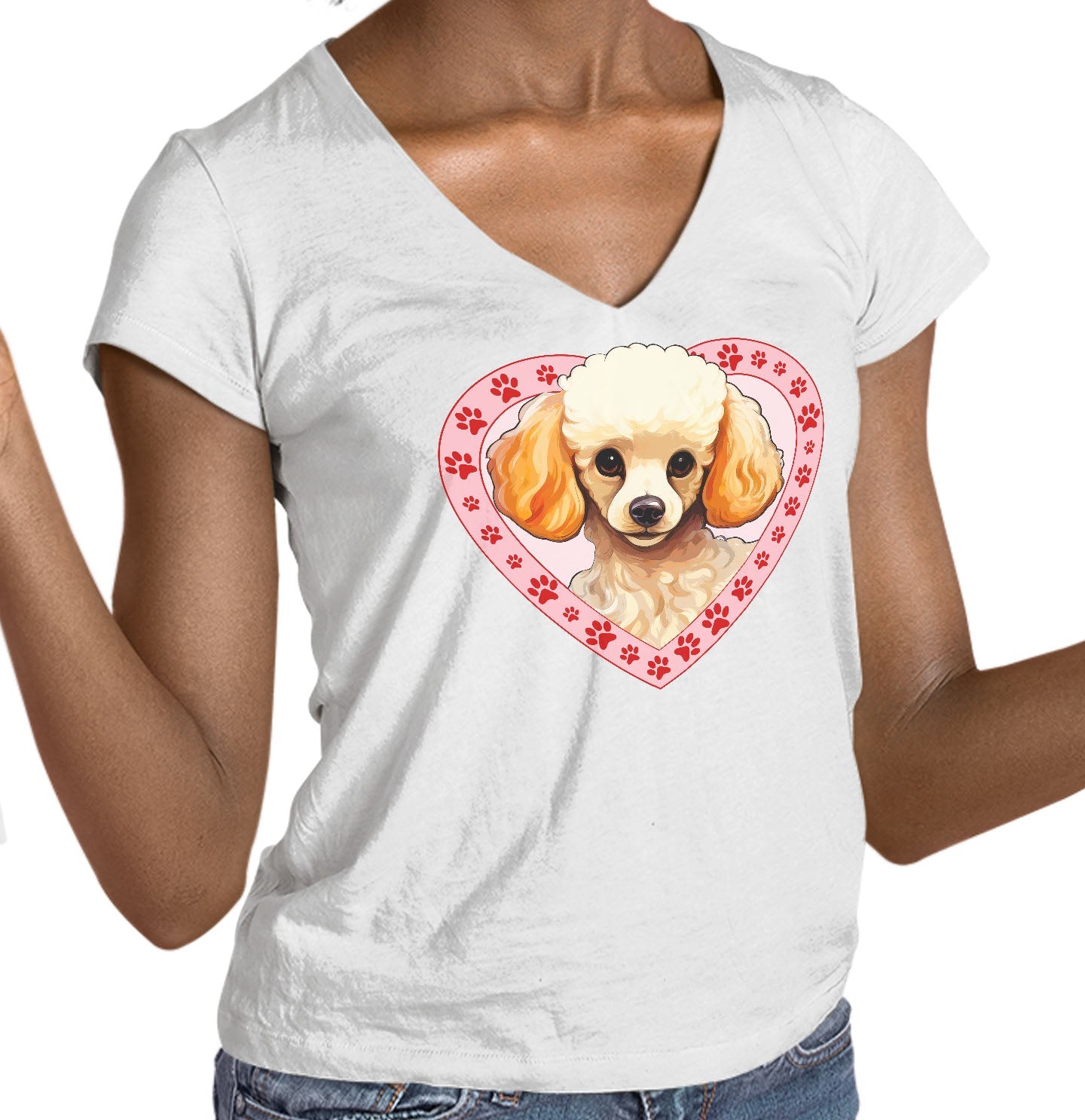 Poodle Illustration In Heart - Women's V-Neck T-Shirt