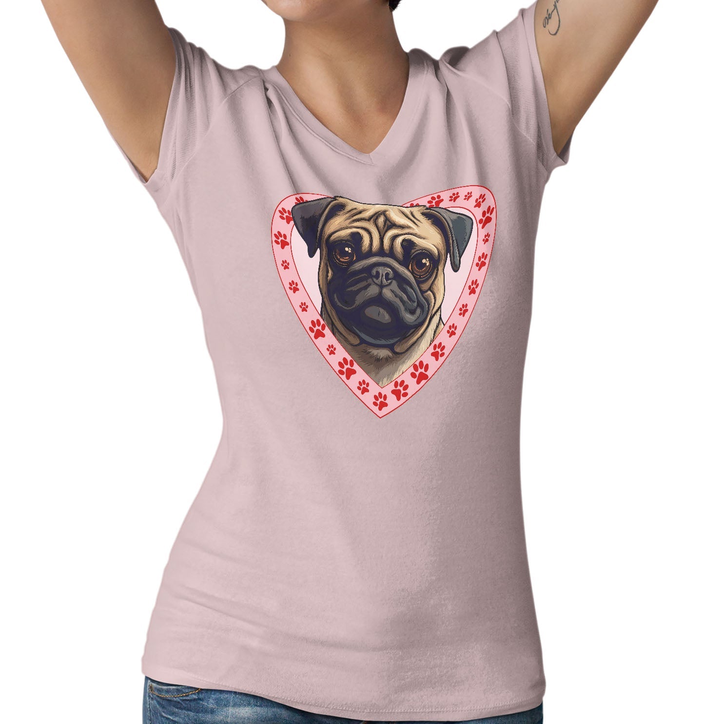 Pug Illustration In Heart - Women's V-Neck T-Shirt