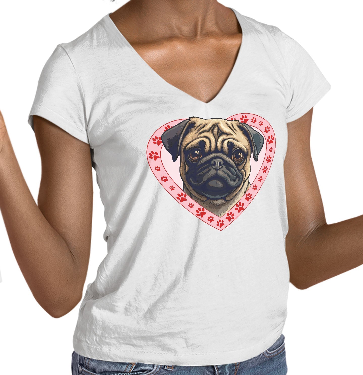 Pug Illustration In Heart - Women's V-Neck T-Shirt