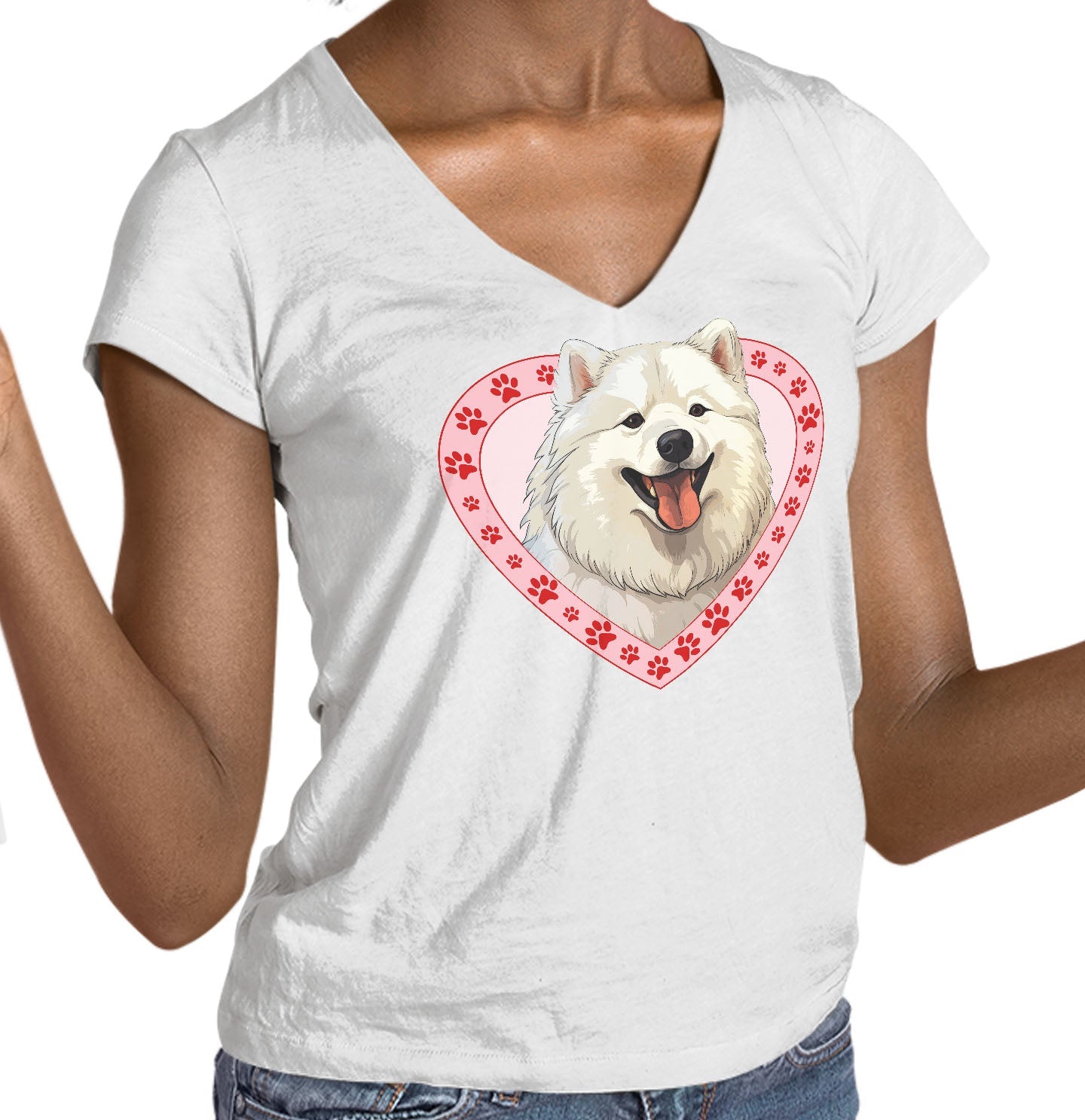 Samoyed Illustration In Heart - Women's V-Neck T-Shirt