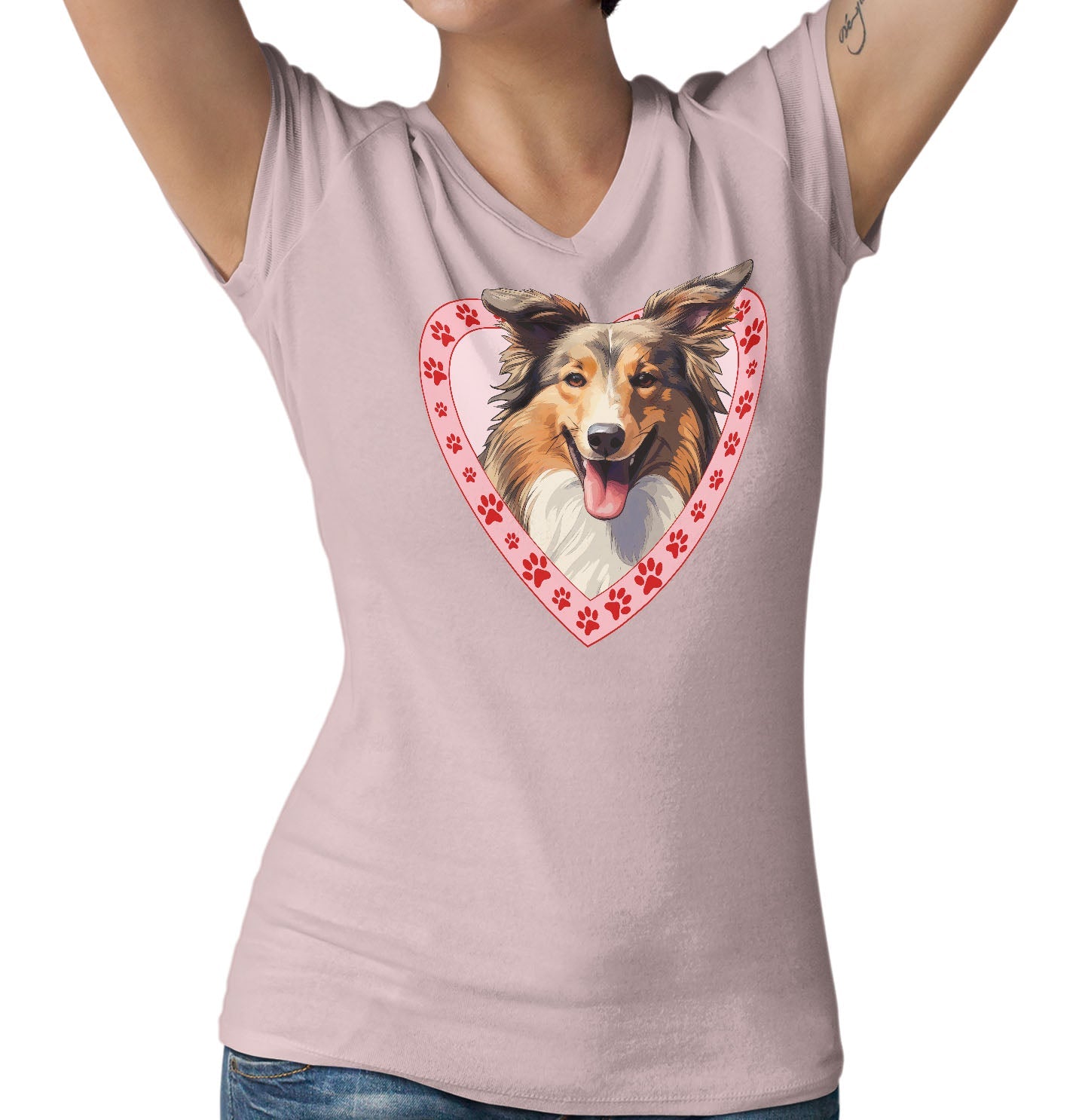 Shetland Sheepdog Illustration In Heart - Women's V-Neck T-Shirt