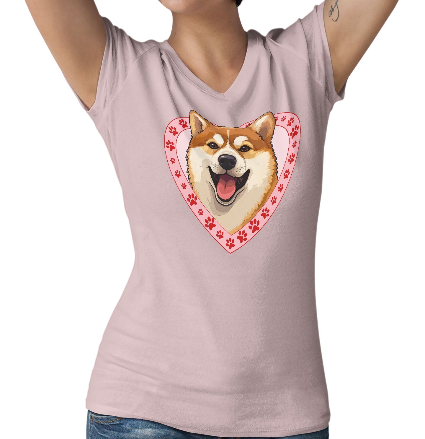 Shiba Inu Illustration In Heart - Women's V-Neck T-Shirt