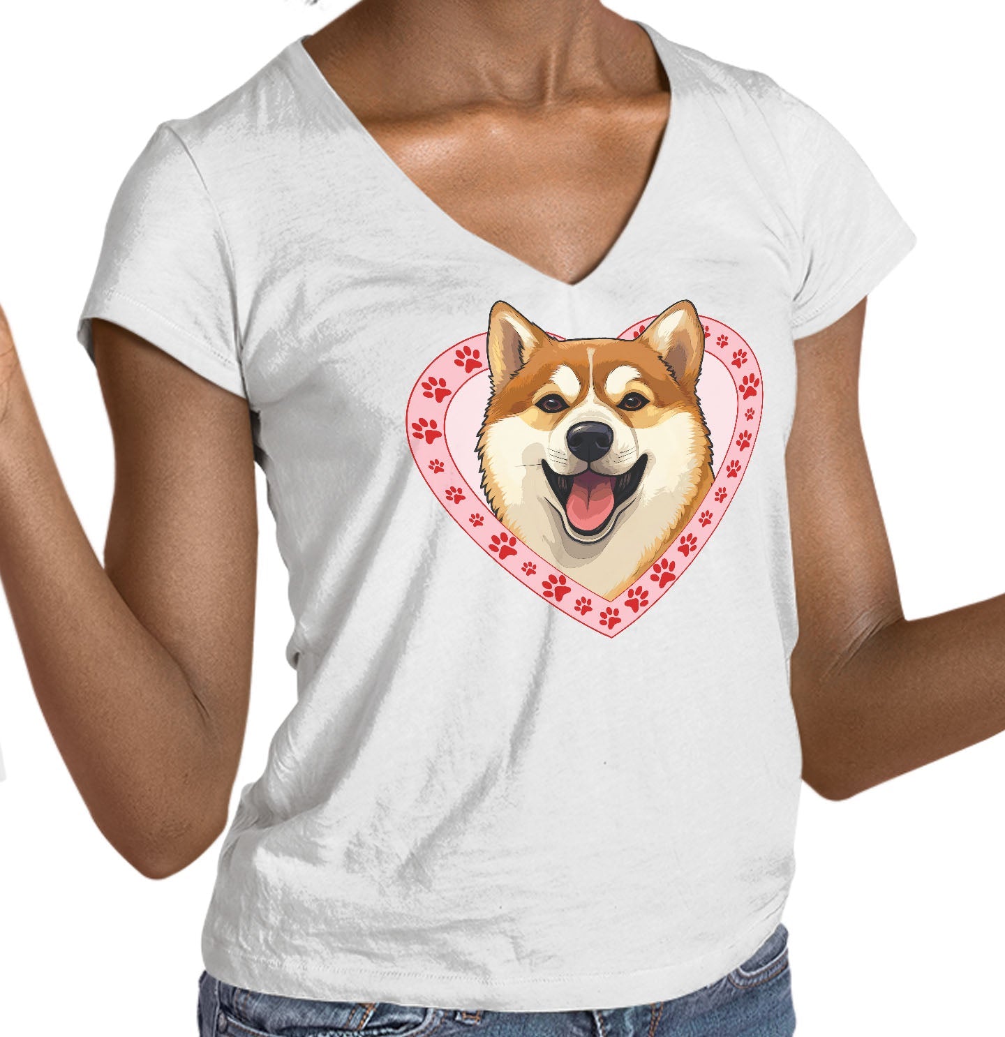 Shiba Inu Illustration In Heart - Women's V-Neck T-Shirt
