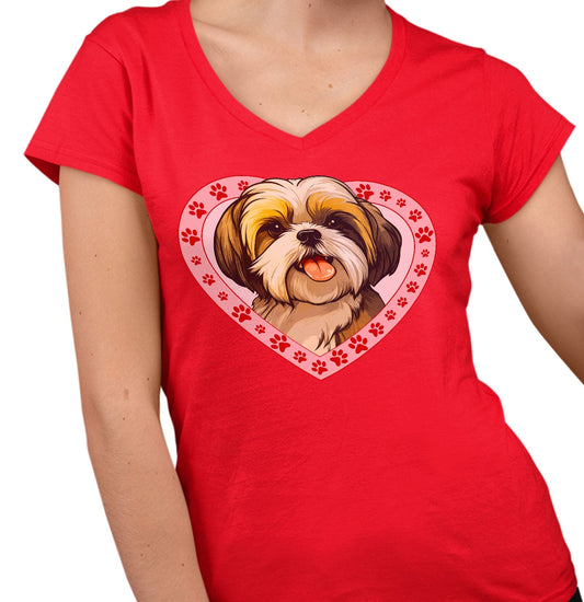 Shih Tzu (Gold & White) Illustration In Heart - Women's V-Neck T-Shirt