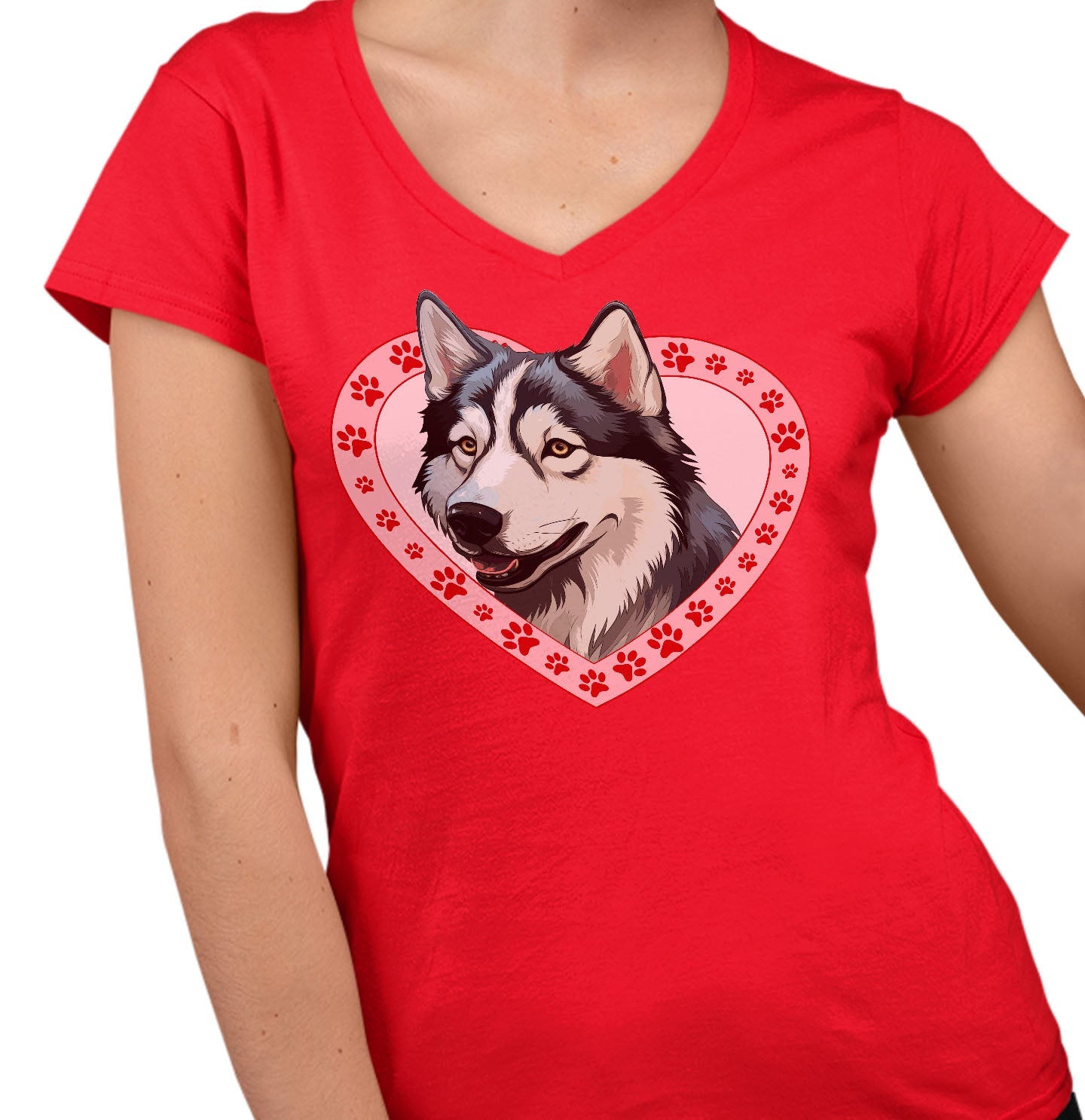 Siberian Husky Illustration In Heart - Women's V-Neck T-Shirt