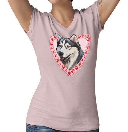 Siberian Husky Illustration In Heart - Women's V-Neck T-Shirt
