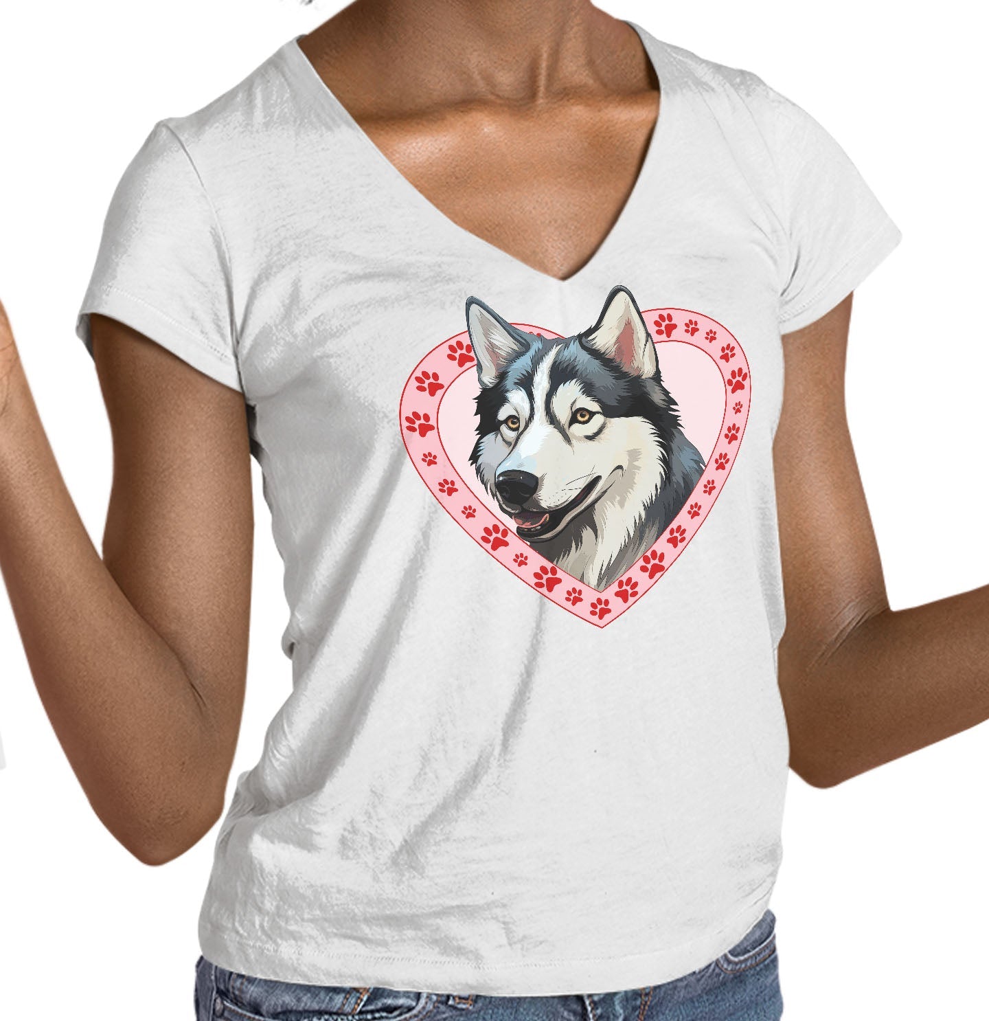 Siberian Husky Illustration In Heart - Women's V-Neck T-Shirt