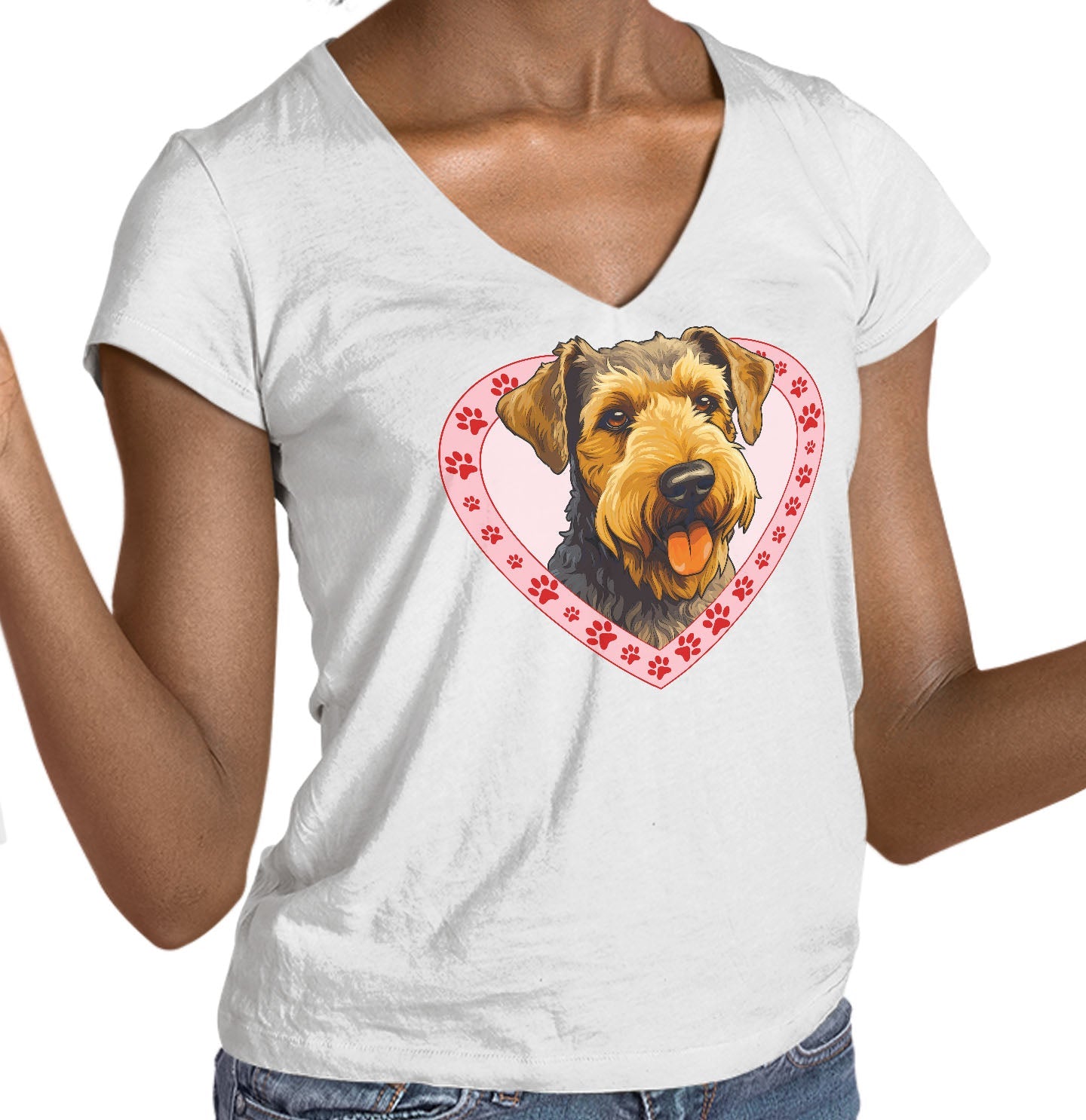 Welsh Terrier Illustration In Heart - Women's V-Neck T-Shirt