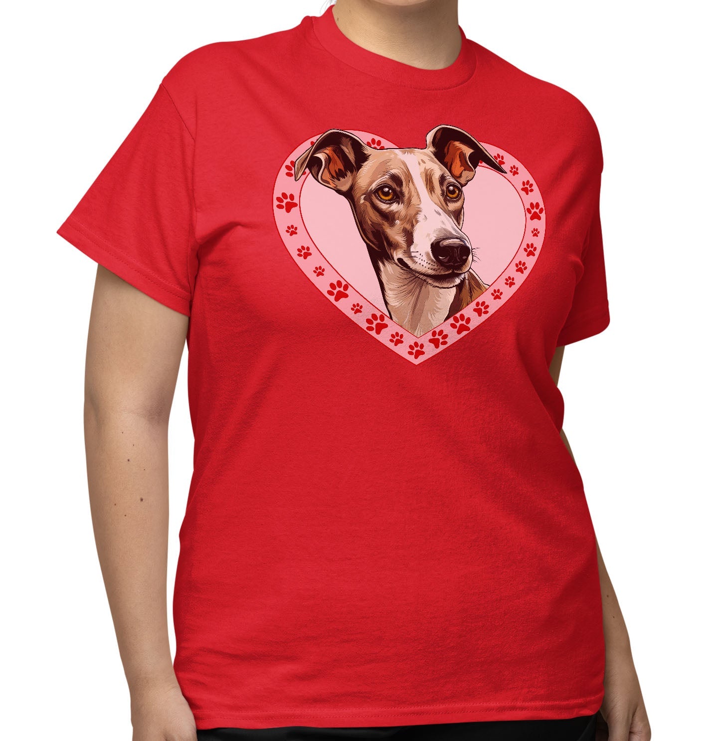Whippet (White & Red) Illustration In Heart - Adult Unisex T-Shirt