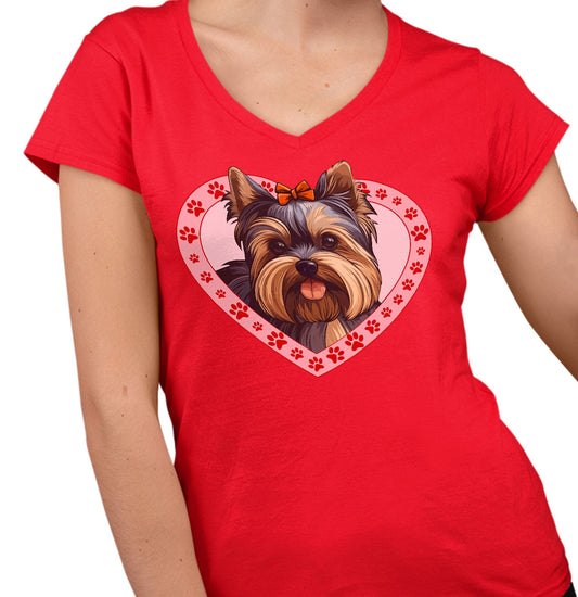 Yorkshire Terrier (Long Haired) Illustration In Heart - Women's V-Neck T-Shirt