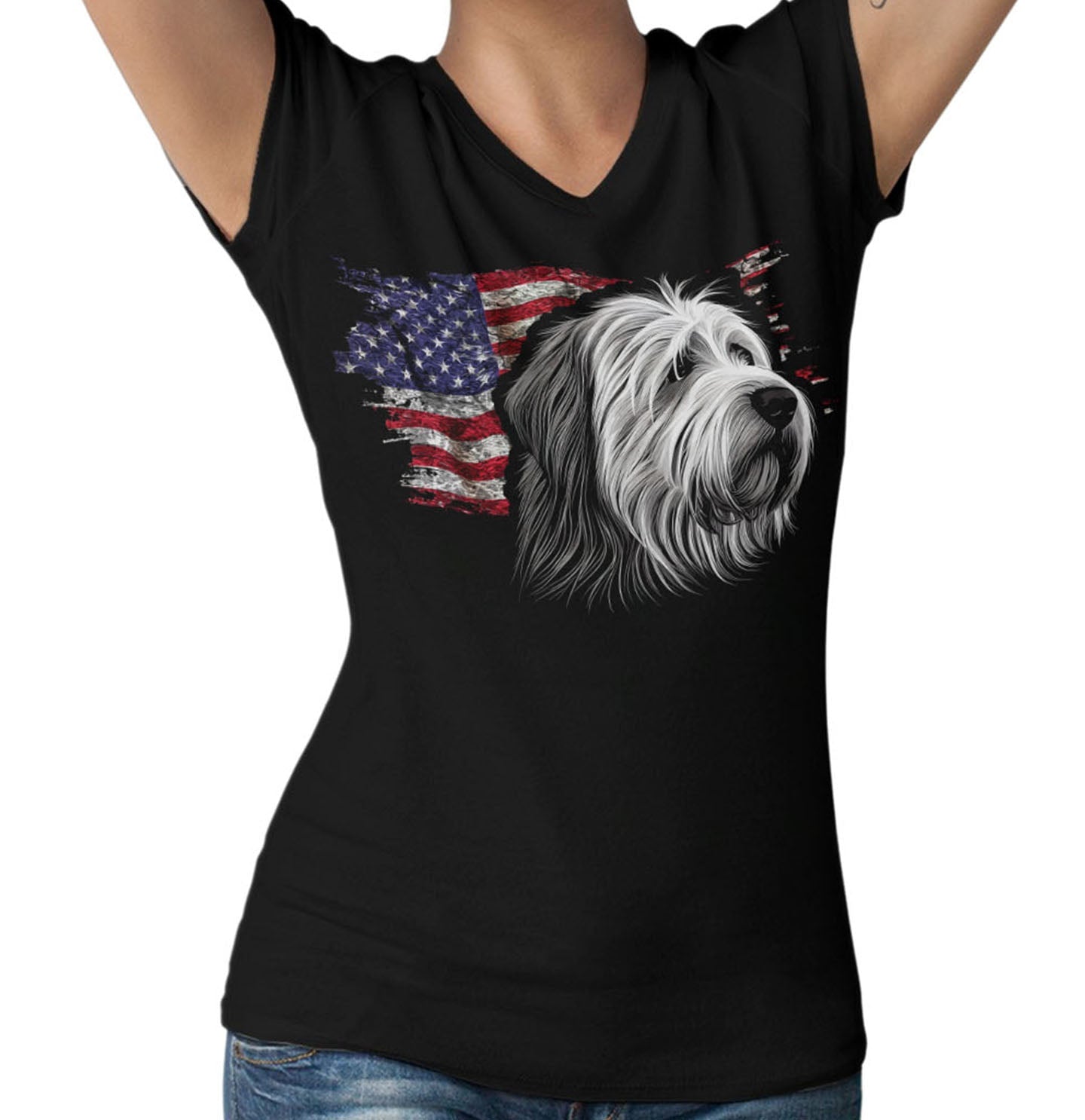 Patriotic Polish Lowland Sheepdog American Flag - Women's V-Neck T-Shirt