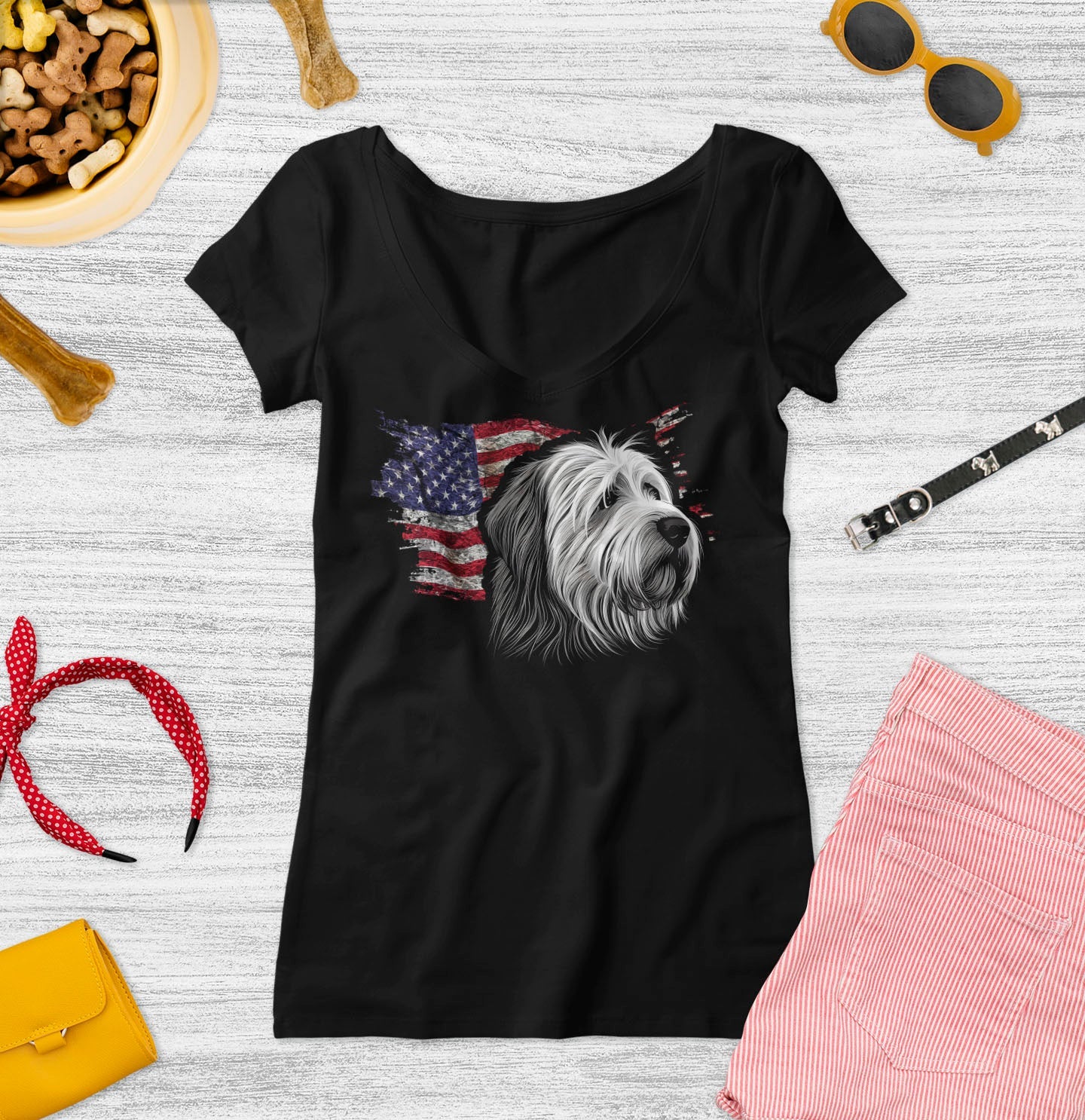 Patriotic Polish Lowland Sheepdog American Flag - Women's V-Neck T-Shirt
